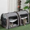 PawHut 39" Portable Twin Compartment Show House Cat Cage/Condo, Soft-Sided Pet kennel, Dual Compartment, Soft Cushions & Storage Bag, Gray